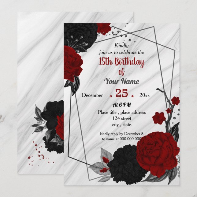 Invitación Fiesta de cumpleaños floral negra y roja (Anverso / Reverso)