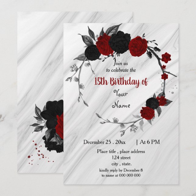 Invitación Fiesta de cumpleaños floral negra y roja (Anverso / Reverso)