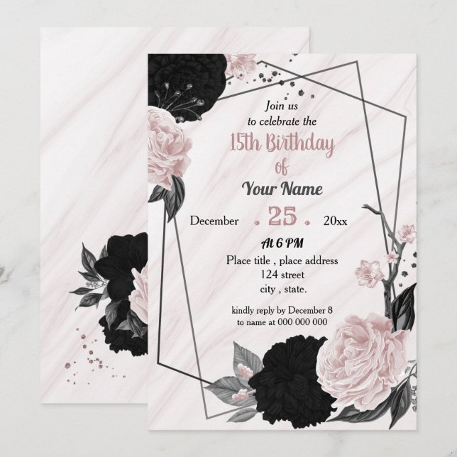 Invitación Fiesta de cumpleaños floral negra y rosa suave (Anverso / Reverso)
