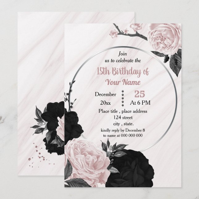 Invitación Fiesta de cumpleaños floral negra y rosa suave (Anverso / Reverso)
