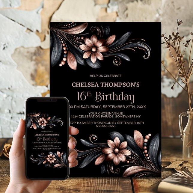 Invitación Fiesta de cumpleaños floral negro rosa 16 (Subido por el creador)