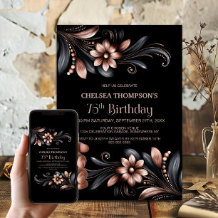 Invitación Fiesta de cumpleaños floral negro rosa 75