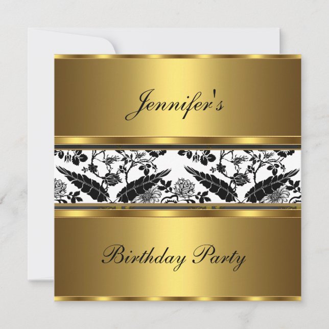 Invitación Fiesta de Cumpleaños Floral Oro Negro B (Anverso)