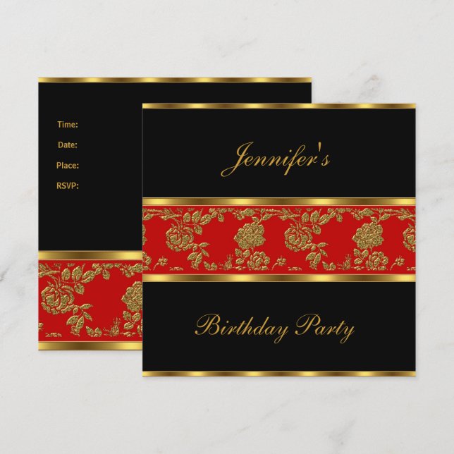 Invitación Fiesta de Cumpleaños Floral Oro Negro R (Anverso / Reverso)