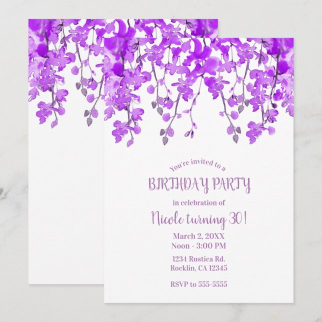 Invitación Fiesta de cumpleaños floral para ramas de orquídea (Anverso / Reverso)