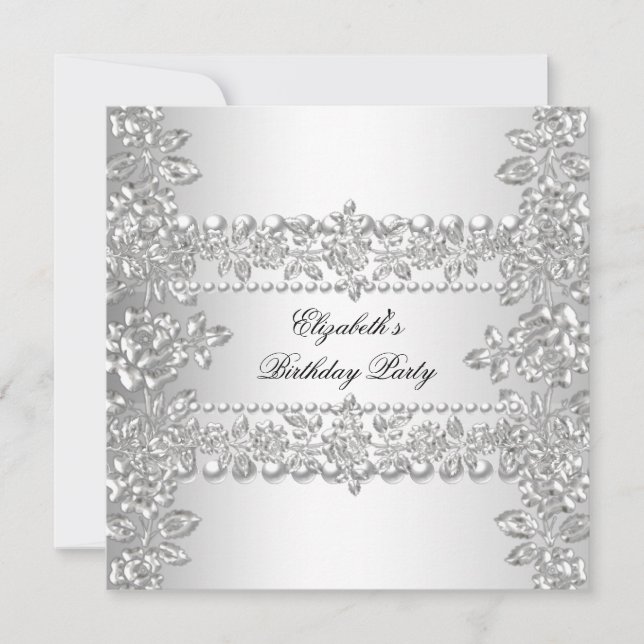 Invitación Fiesta de Cumpleaños Floral Plateada Elegante (Anverso)