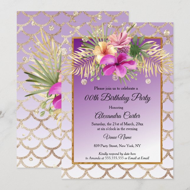 Invitación Fiesta de cumpleaños floral Purple Gold Hibiscus (Anverso / Reverso)