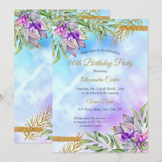 Invitación Fiesta de cumpleaños floral Purple Verde azulada B (Anverso / Reverso)