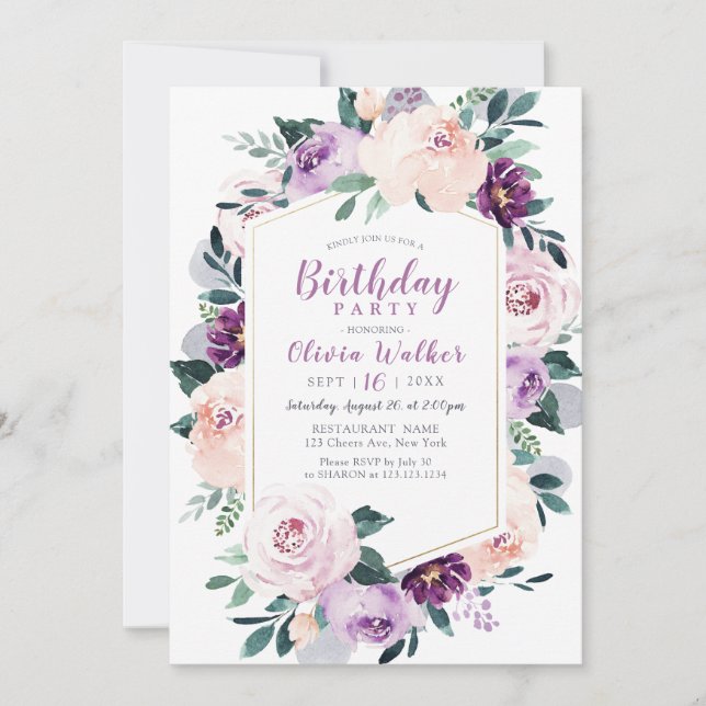 Invitación Fiesta de cumpleaños floral púrpura botánica flore (Anverso)