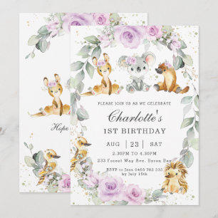 Invitación Fiesta de Cumpleaños Floral Púrpura de Animales Au