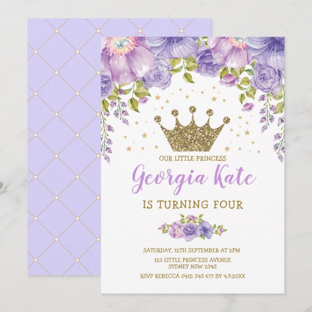 Invitación Fiesta de cumpleaños floral púrpura de la Princesa (Anverso / Reverso)