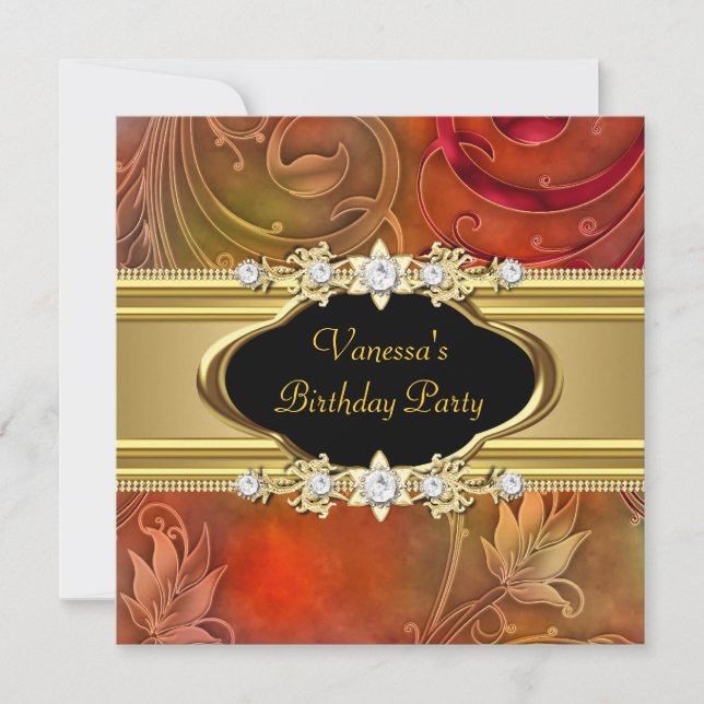 Invitación Fiesta de Cumpleaños Floral Rojo Dorado Negro (Anverso)
