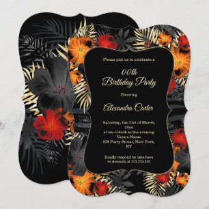 Invitación Fiesta de cumpleaños floral Rojo Naranja Negro Hib