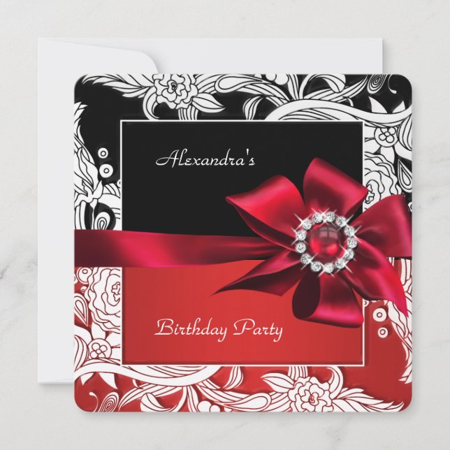 Invitación Fiesta de Cumpleaños Floral Rojo Negro Blanco (Anverso)