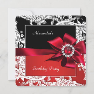 Invitación Fiesta de Cumpleaños Floral Rojo Negro Blanco