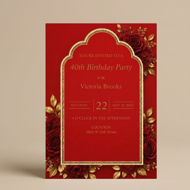 Invitación Fiesta de Cumpleaños Floral Rojo y Dorado (Subido por el creador)