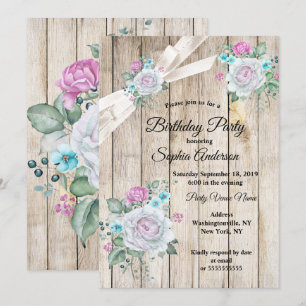 Invitación Fiesta de Cumpleaños Floral Rosa Azul Teal Madera 