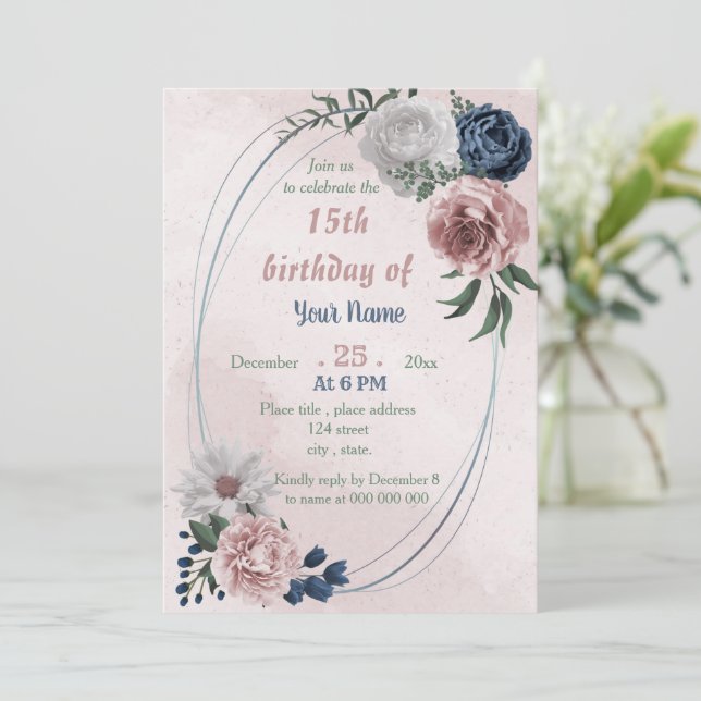 Invitación fiesta de cumpleaños floral rosa azul y blanco (Anverso de pie)