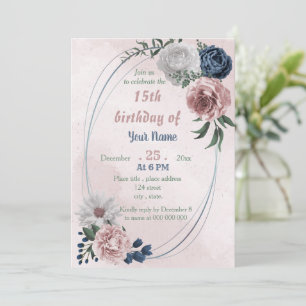 Invitación fiesta de cumpleaños floral rosa azul y blanco