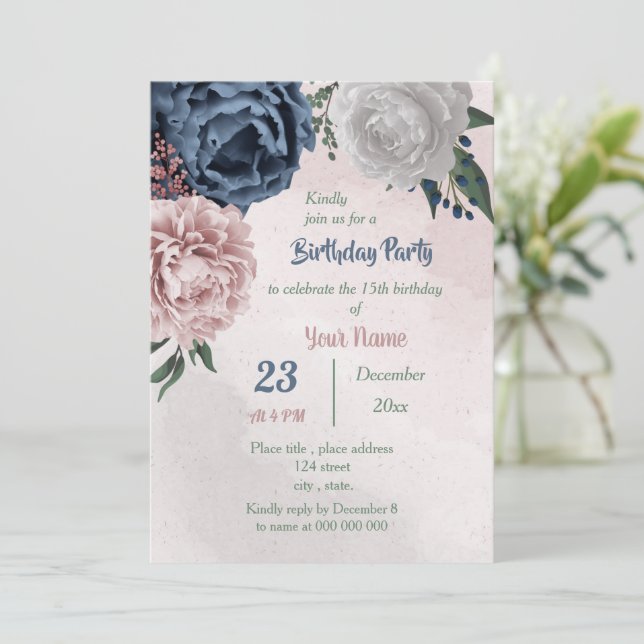 Invitación fiesta de cumpleaños floral rosa azul y blanco (Anverso de pie)