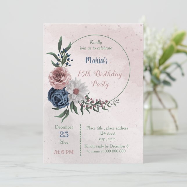 Invitación fiesta de cumpleaños floral rosa azul y blanco (Anverso de pie)