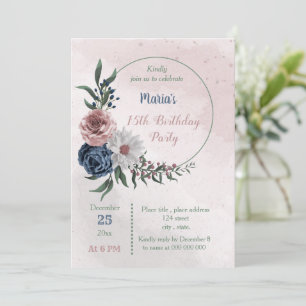 Invitación fiesta de cumpleaños floral rosa azul y blanco