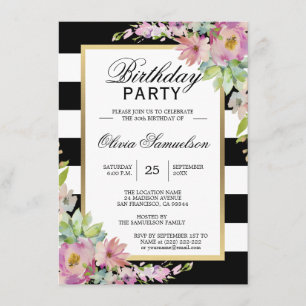 Invitación Fiesta de cumpleaños floral rosa color blanco negr
