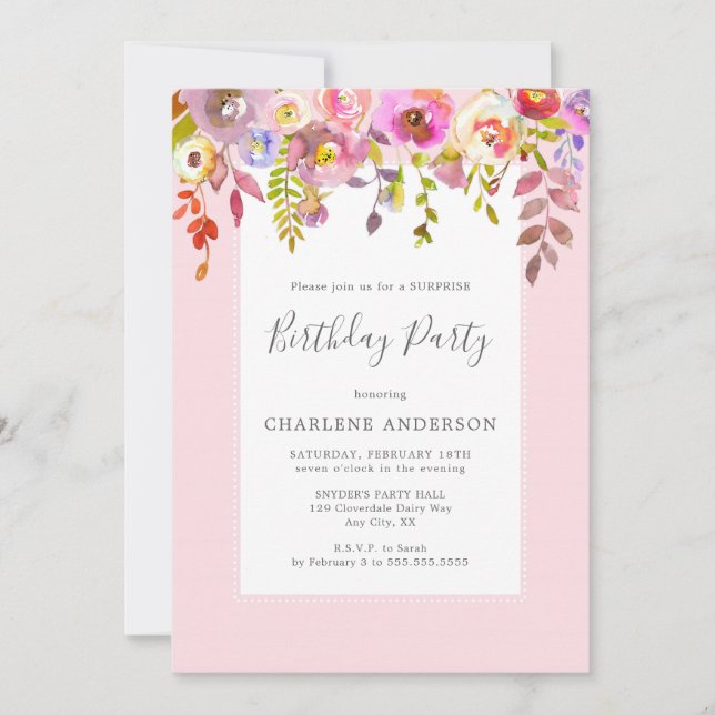 Invitación fiesta de cumpleaños floral rosa de Moda (Anverso)