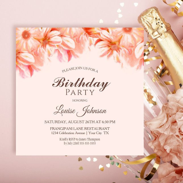 Invitación Fiesta de cumpleaños floral rosa de Rubor (Subido por el creador)