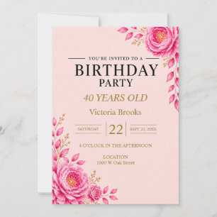 Invitación Fiesta de Cumpleaños Floral Rosa Elegante
