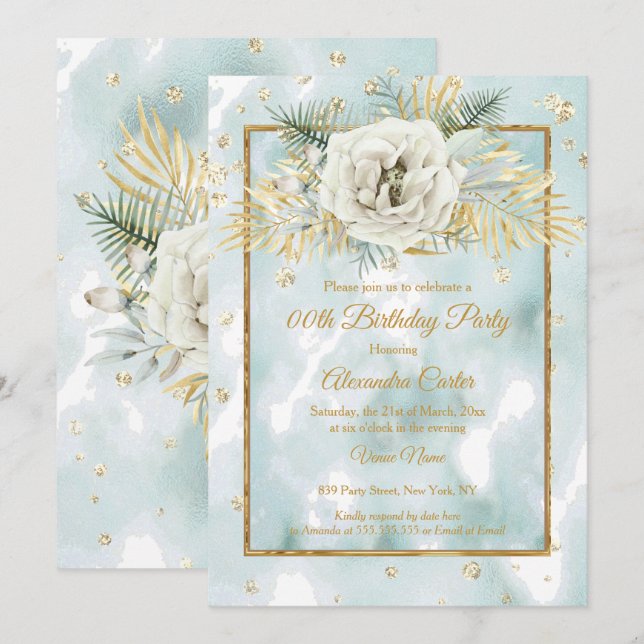 Invitación Fiesta de Cumpleaños Floral Rosa Mármol Verde Agua (Anverso / Reverso)