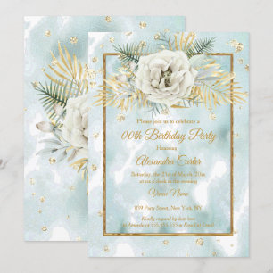 Invitación Fiesta de Cumpleaños Floral Rosa Mármol Verde Agua