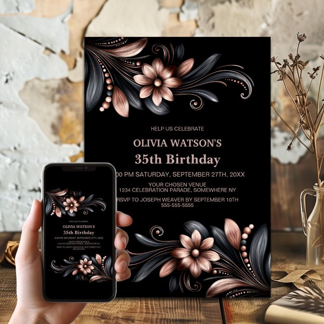 Invitación Fiesta de Cumpleaños Floral Rosa Negro (Subido por el creador)