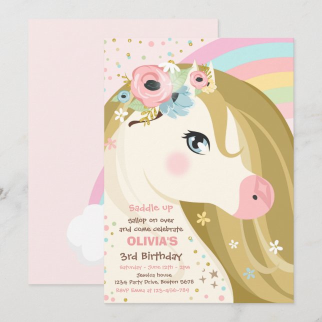 Invitación Fiesta de cumpleaños Floral Rosa Pony cumpleaños I (Anverso / Reverso)