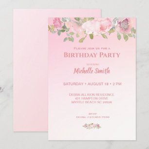 Invitación Fiesta de cumpleaños floral rosa y blanca