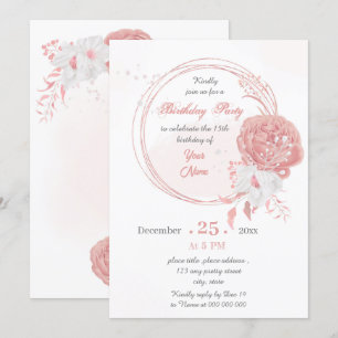 Invitación fiesta de cumpleaños floral rosa y blanca