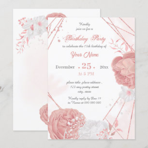 Invitación fiesta de cumpleaños floral rosa y blanca