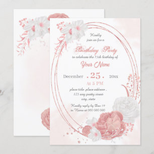 Invitación fiesta de cumpleaños floral rosa y blanca