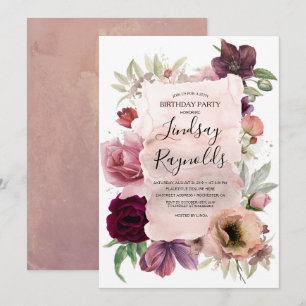 Invitación Fiesta de cumpleaños floral rosa y borgoñona