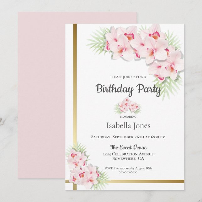 Invitación Fiesta de cumpleaños floral rosa y dorada (Anverso / Reverso)