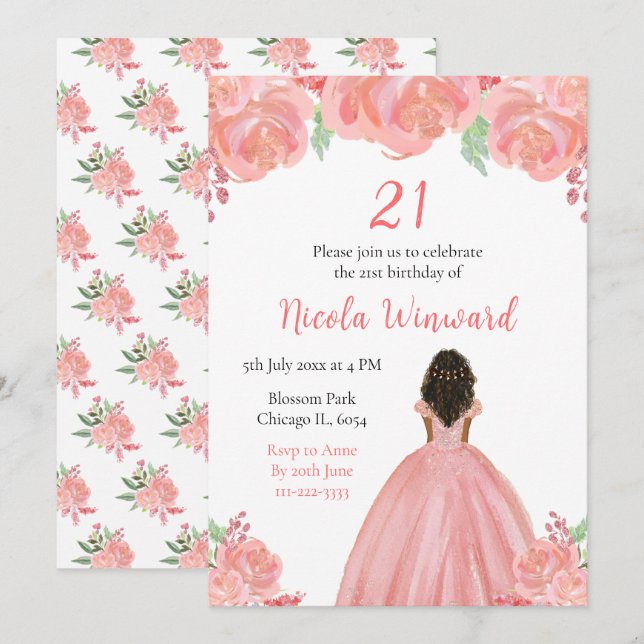 Invitación fiesta de cumpleaños floral rosada de Princesa de  (Anverso / Reverso)