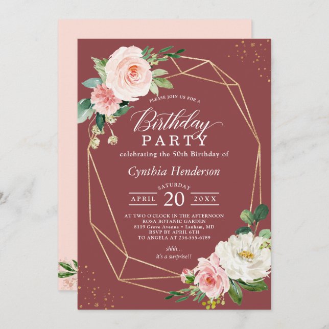 Invitación Fiesta de cumpleaños floral rosada del Rosa de Cin (Anverso / Reverso)