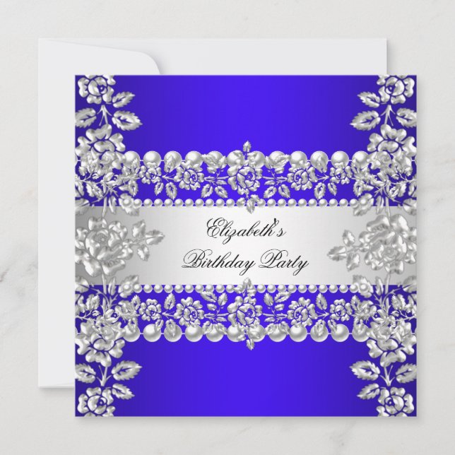 Invitación Fiesta de cumpleaños floral Royal Blue Elegant (Anverso)