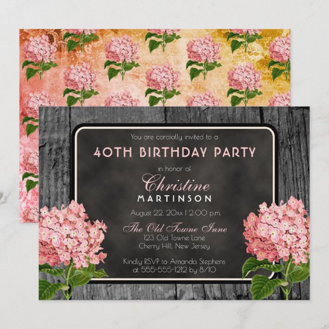 Invitación Fiesta de cumpleaños floral Rustic Wood Chalk Vint (Anverso / Reverso)