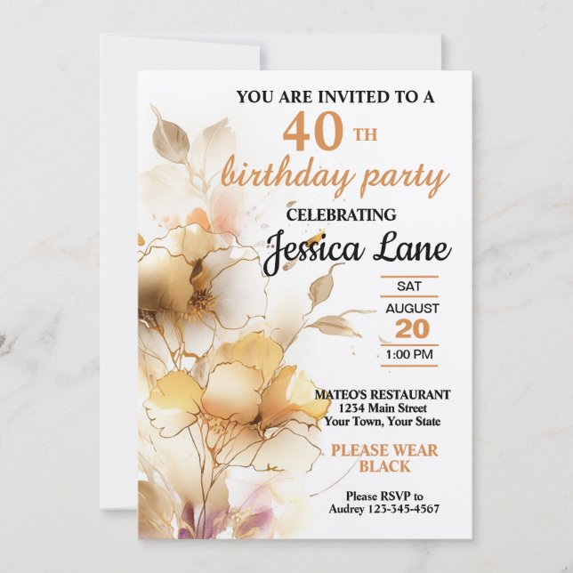 Invitación Fiesta de Cumpleaños Floral Rústica Elegante (Anverso)