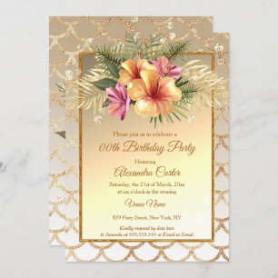Invitación Fiesta de cumpleaños floral Sepia Gold Pink Hibisc