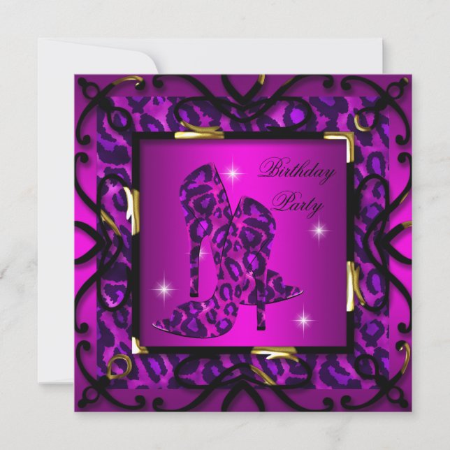 Invitación Fiesta de Cumpleaños Floral Tacón Alto Leopardo Ro (Anverso)