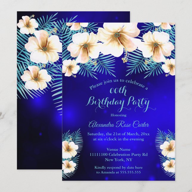 Invitación Fiesta de Cumpleaños floral tropical azul real ver (Anverso / Reverso)