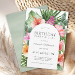 Invitación Fiesta de cumpleaños floral tropical exuberante y<br><div class="desc">Un bonito y exuberante diseño tropical con coloridos acuarelas florales que incluyen flores de hibisco, jengibre y una variedad de follaje tropical. El aspecto es vibrante y vivo y marca el tono de tu celebración al estilo de aloha. Un montaje de marcos arqueados a la moda que rodea el texto...</div>