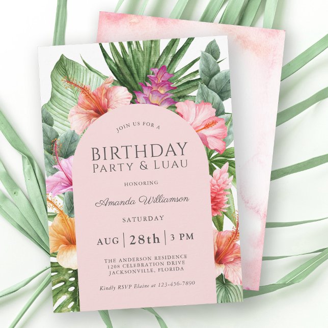 Invitación Fiesta de cumpleaños floral tropical exuberante y  (The perfect invitation for a birthday party luau around the pool.)